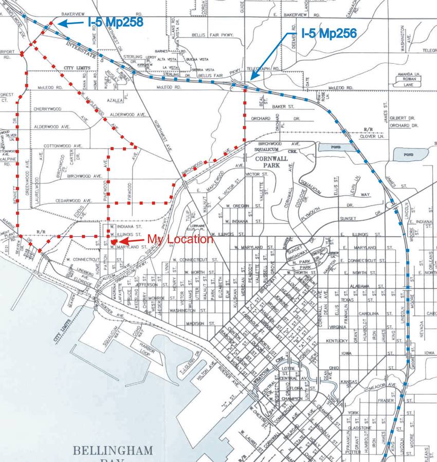 A map of Bellingham with I-5 and routes to my place highlighted.